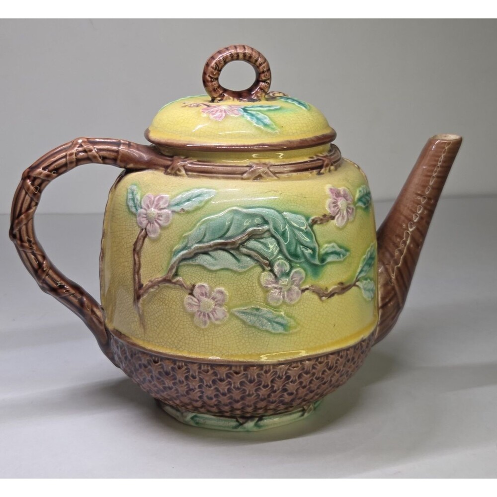 Antique Thomas Forester Majolica Cranes & Dogwood Teapot Floral Rare 19th Cen
